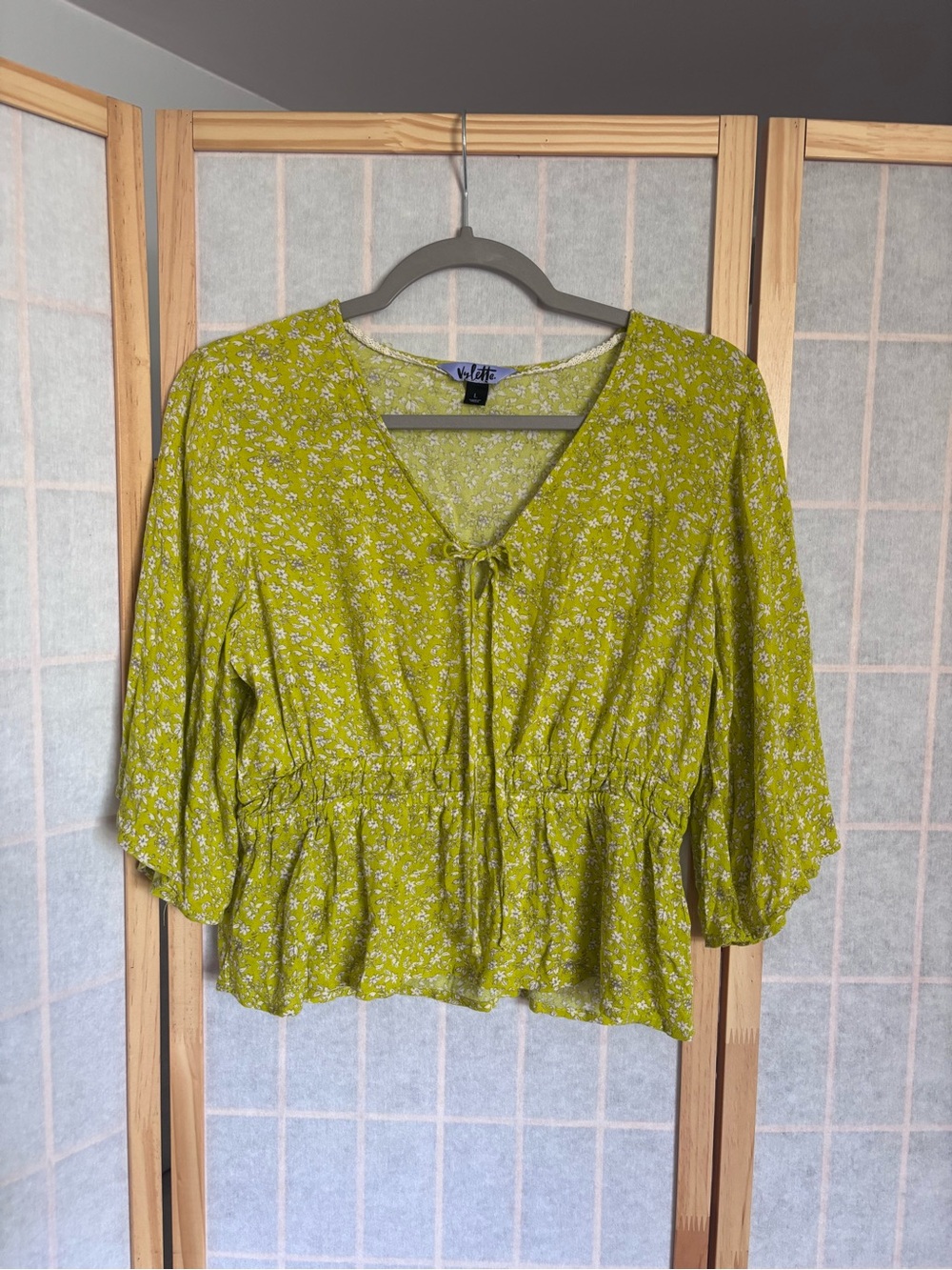 Velvet Lime Green Floral Tie-Front Peplum Blouse